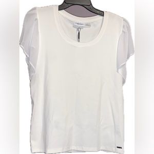 NWT Calvin Klein - Crew Neck Top - Short Sheer Sleeves - White/Off White - Large